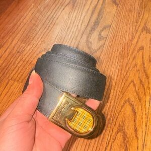 vintage Burberry Black Leather Belt with Gold Buckle